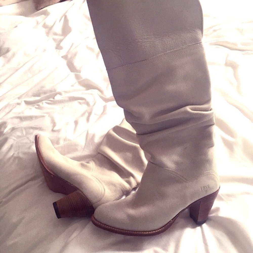 Frye boots, white, tall, size 8